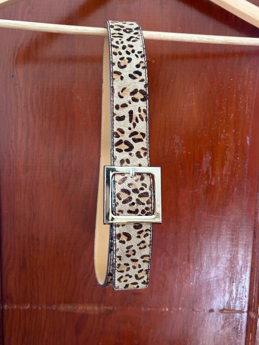 Leopard Horse Hair Leather Women’s Belt with Gold Square Buckle